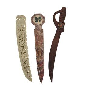 Vintage Lot Of 3 Decorative Letter Openers Elephant 4 Leaf Clover Wooden Sword
